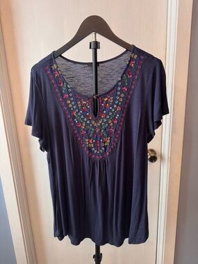 Boho Embroidered Neckline Top Navy Flutter Sleeve Peasant Blouse Women’s Large
